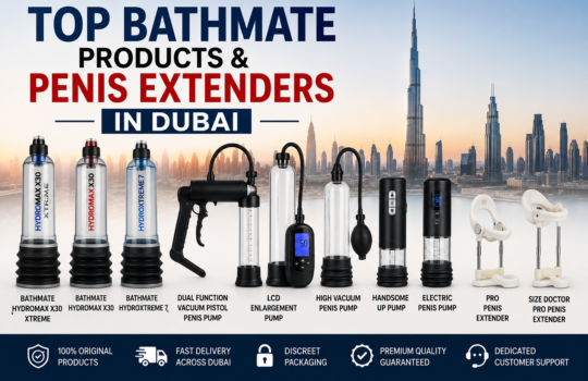 Top Bathmate products and penis extenders in Dubai featuring Hydromax X30, HydroXtreme 7, vacuum pumps, and extender devices.