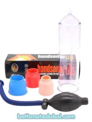 Handsome Up Penis Pump manual vacuum enlargement device with clear cylinder, hand pump, and silicone comfort sleeves for men's wellness in UAE