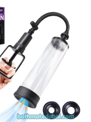 Power Up Penis Pump with transparent vacuum cylinder, manual hand pump, flexible hose, and comfort sleeves